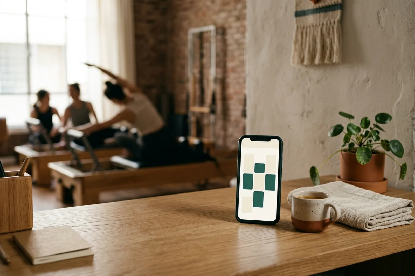 Mostrador de un estudio de pilates con un celular que muestra la grilla de clases